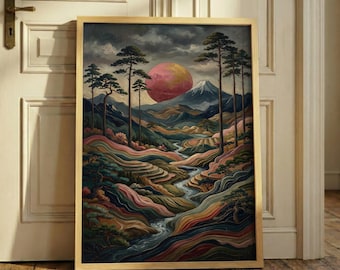 Vintage Moody Japanese Landscape Print – Dark Mountain Wall Art, Retro Pink Sun Poster, Asian River Forest Decor, Ukiyoe Inspired Scenery