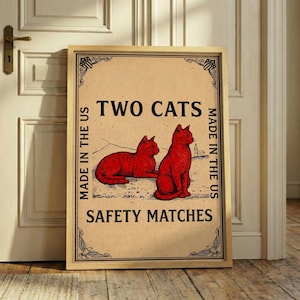 Vintage Matchbox Print – Two Cats Wall Art, Retro Americana Decor, Red Cat Illustration, Eclectic Gallery Poster, Funny Pet Ad Sign