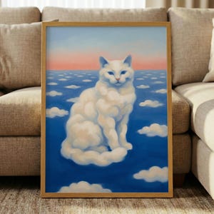 Lámina surrealista de gato en las nubes: arte mural de cielo de ensueño, póster modernista de animales, paisaje de cielo azul, decoración felina, regalo original para mascotas.