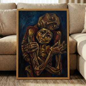 Può includere: Un dipinto incorniciato raffigurante due figure stilizzate nei toni dell'oro, del marrone e del blu profondo. Le figure presentano tratti angolari e geometrici e sono strettamente abbracciate su uno sfondo scuro e materico, con cornice in legno chiaro.