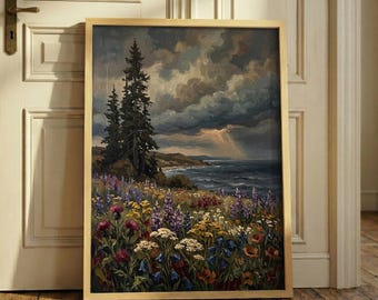 Vintage Moody Coastal Wildflower Print – Dark Ocean Landscape Art, Stormy Beach Poster, Rustic Pine Tree Decor, Floral Seaside Painting