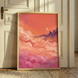 May include: A rectangular framed wall art print featuring a vibrant sunset sky with swirling clouds in shades of orange, pink, and purple. A small black cat silhouette sits atop a cloud formation under a thin crescent moon and scattered stars.