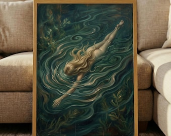 Vintage Moody Swimmer Print – Dark Green Water Art, Ethereal Woman Poster, Nude Female Canvas, Retro Bath Decor, Mythical Ocean Art