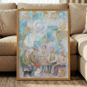 May include: A framed painting depicting four individuals seated around a table playing a board game, with swirling smoke patterns above them and three cats on the floor. The background features a geometric pattern in shades of blue and gold.