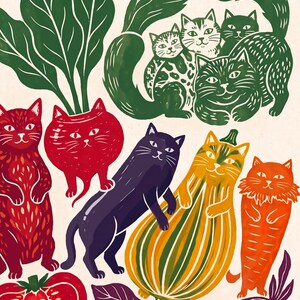 May include: A colorful illustration featuring various cats integrated with vegetables and fruits. The artwork displays a red radish cat, a purple cat, a yellow squash cat, an orange carrot cat, and a group of green cats nestled in leafy greens.