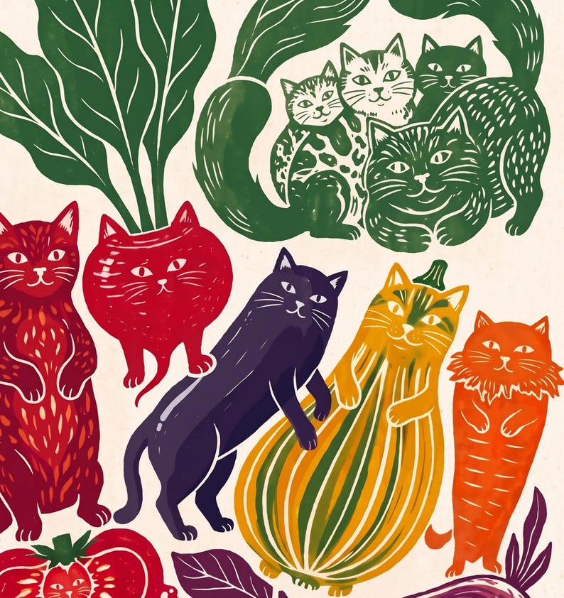 May include: A colorful illustration featuring various cats integrated with vegetables and fruits. The artwork displays a red radish cat, a purple cat, a yellow squash cat, an orange carrot cat, and a group of green cats nestled in leafy greens.