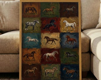 Vintage Moody Horse Grid Print – Dark Equestrian Wall Art, Rustic Western Poster, Textured Oil Painting Decor, Animal Portrait
