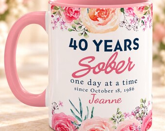Personalized Sobriety Anniversary Mug, Floral Recovery Gift for Her, Custom Name & Sober Date, Pink Coffee Cup