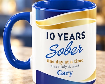 Personalized Sobriety Anniversary Mug for Men, Blue & Gold Recovery Gift, Custom Name and Sober Date
