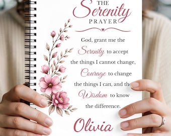 Personalized Serenity Prayer Journal, Custom Name Sobriety Recovery Gift for Women, AA Sponsor Gift, Pink Floral Spiral Journal