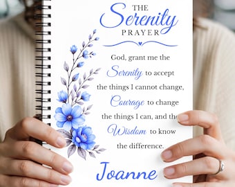 Personalized Serenity Prayer Journal, Custom Name Sobriety Recovery Gift for Women, AA Sponsor Gift, Blue Floral Spiral Journal