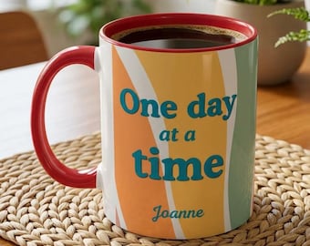 Retro Sobriety Mug, One Day at a Time Gift, Personalized Recovery Coffee Mug, Vintage Style AA NA Gift, Boho Sober Life Mug, Custom Name Mug