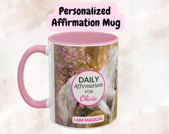 Personalized Affirmation Mug, Custom Name Unicorn Design, Ceramic Coffee Cup, Gift for Girls