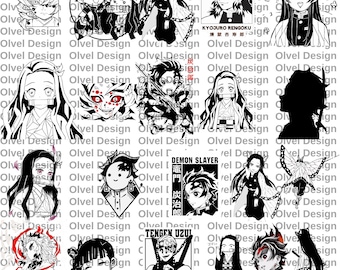 Puede incluir: Ilustraciones en blanco y negro de personajes del anime Demon Slayer. Los personajes incluyen a Tanjiro Kamado, Nezuko Kamado, Zenitsu Agatsuma, Inosuke Hashibira, Giyu Tomioka, Kyojuro Rengoku, Tengen Uzui y otros. Las ilustraciones están en estilo manga y presentan diversas poses y expresiones.