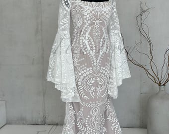 Boho Lace Wedding Dress Bell Sleeves, Geometric Bridal Gown Retro Trumpet Mermaid