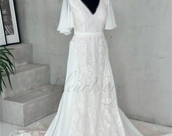 READY ship Flutter Sleeve Wedding Dress Blush Wedding Dress Chiffon Wedding Dress Boho Wedding Dress Bohemian Wedding Dress