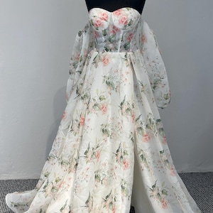 3D Print Flower Wedding Dress|Floral Wedding Dress|Puffy Sleeve Wedding Dress|Off Shoulder Wedding Dress|Garden Wedding Dress|Summer Dress