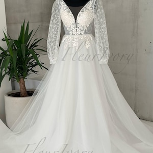 READY ship Long Puffy Sleeve Modest Wedding Dress Fairy Wedding Dress Glitter Wedding Dress Whimsical Wedding Dress Tulle Wedding Dress