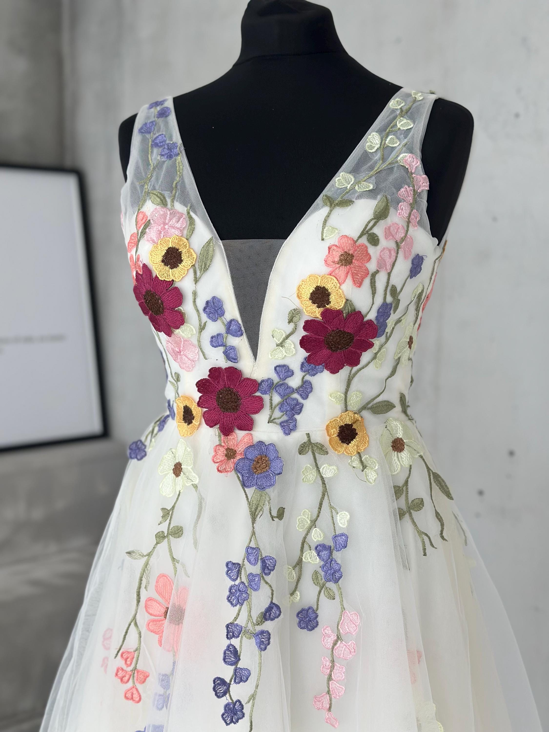 Floral Embroidered Tulle Midi Dress: Boho Wedding Guest or Garden Party -  Etsy