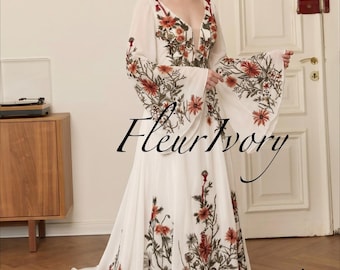 Botanical Floral Wedding Dress Long Sleeve | V Neck Wildflower Bridal Gown | Forest
