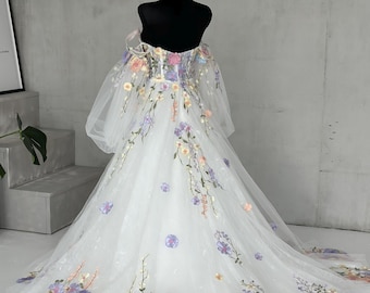 Colorful Floral Lace Wedding Dress: Off-Shoulder Ball Gown