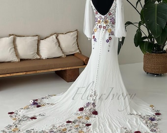 Mermaid Long Sleeve Wedding Dress Colorful Embroidered Wedding Dress Crepe Spring Bridal Gown Botanical Summer Wedding Gown