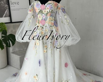 Colorful Floral Wedding Dress | Off Shoulder Fairy Bridal Ball Gown | Custom Size