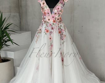 Colorful Floral Wedding Dress, A-line 3D Flower Bridal Gown, Fairy Cottagecore Unique Marriage Frock