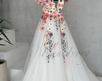 Colorful Wedding Dress Off Shoulder Wedding Dress Floral Wedding Dress Floral Appliques Forest Wedding Dress Embroidery Wedding Dress