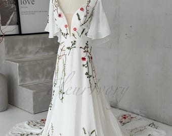 Wildflower Embroidered Wedding Dress, Boho Floral Bridal Gown with Flutter Sleeves, Romantic Garden Bride