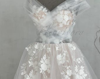 Romantic Wedding Dress Beach Illusion Floral Lace Embroidered Bridal Gown Boat Neck FleurIvory
