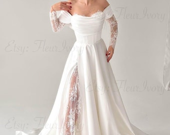 Whimsical Off Shoulder Wedding Dress With Lace Sleeves and Satin Slit Gown