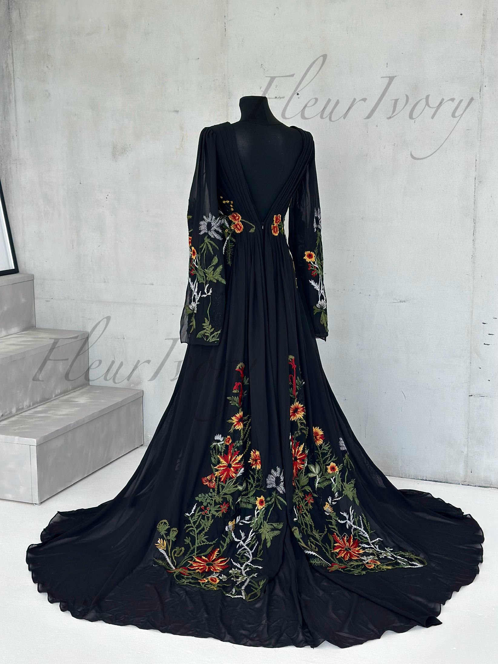 Black Wedding Dress Gothic Wild Flower Embroidery Non Traditional  Alternative Bridal Gown Boho Colorful - Etsy
