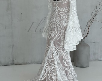 Boho Mermaid Wedding Dress, Bell Sleeve Bridal Gown, Nude Champagne Vintage Dress, Bohemian Wedding Dress