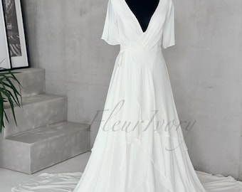 READY ship Flutter Sleeve Wedding Dress Modest Wedding Dress Simple Wedding Dress Chiffon Wedding Dress Wrap Wedding Dress A line Dress