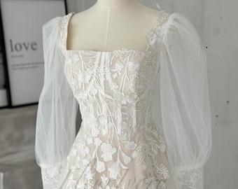 Cottagecore Wedding Dress Square Neckline Puff Sleeves Floral Applique Bridal Gown Whimsical Fairy Tale