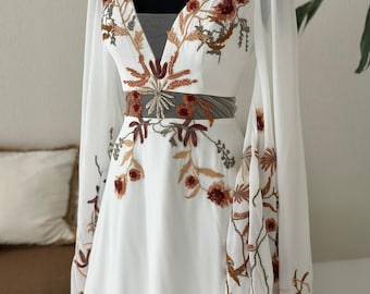 Boho Wedding Dress, Floral Embroidered Bridal Gown, Bell Sleeve Wedding Dress, Rustic Bohemian Bride Dress, V Neck A Line Gown