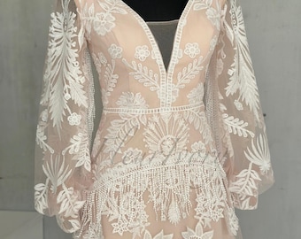 Boho Wedding Dress with Floral Lace, Long Sleeve V-Neck Bridal Gown, Rustic Bohemian Country Style Dress