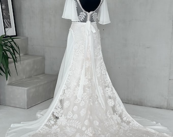 Boho Wedding Dress With Flutter Sleeve Sheath Modest Wedding Dress Rustic Vintage Wedding Dress Bohemian Floral Wedding Dress Western Dress