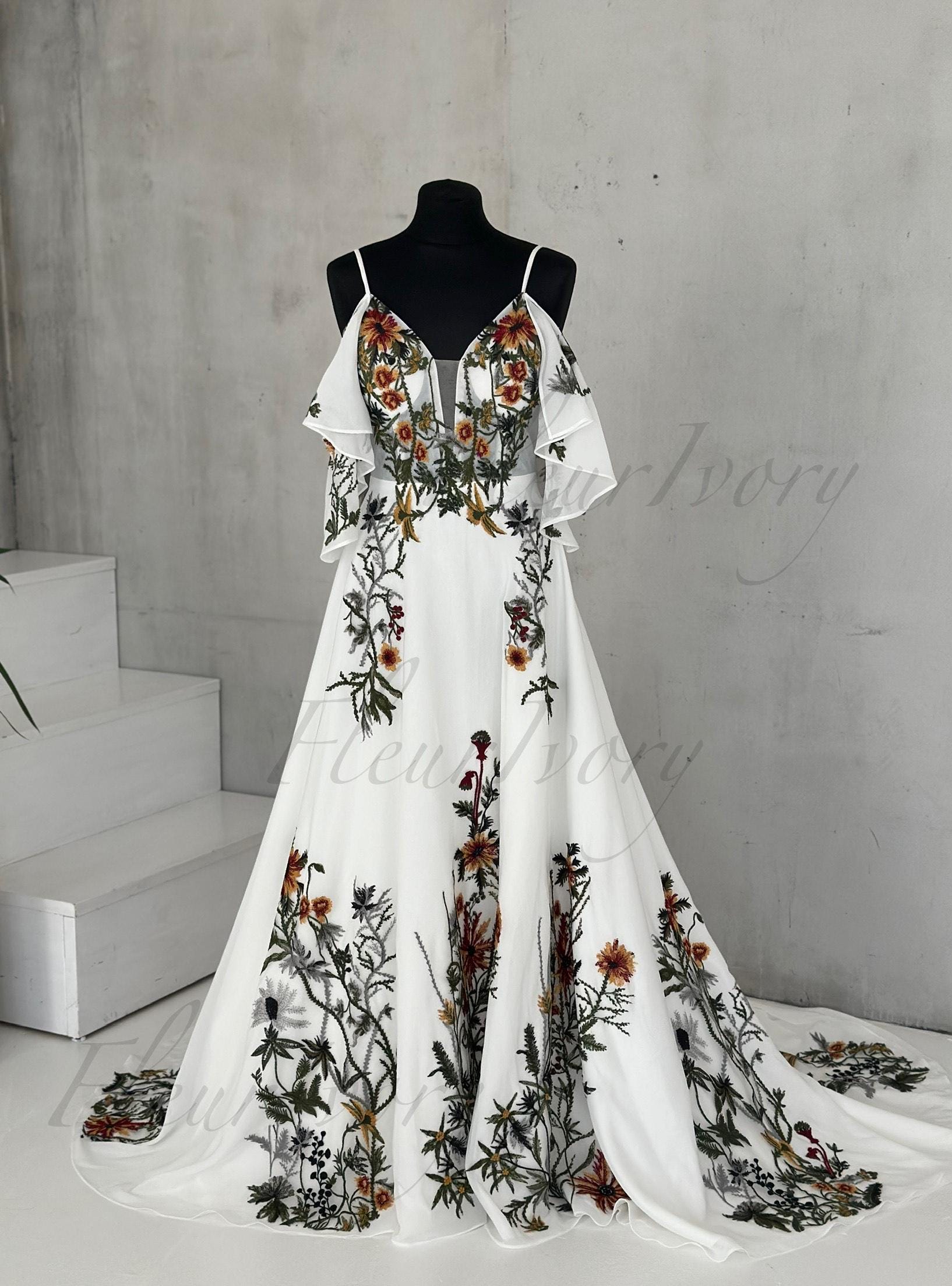 etsy embroidered wedding dress Lace Applique Wedding Dress with Deep Sweetheart Neckline