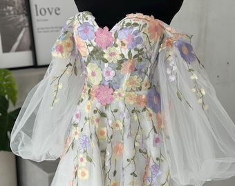 Colorful Floral Lace Wedding Dress: Off-Shoulder Ball Gown