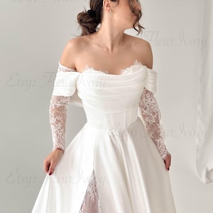 Robe de mariée romantique à manches longues amovibles Robe de mariée fendue en dentelle Robe de mariée féerique Robe de mariée fantaisiste Robe de mariée à épaules dénudées