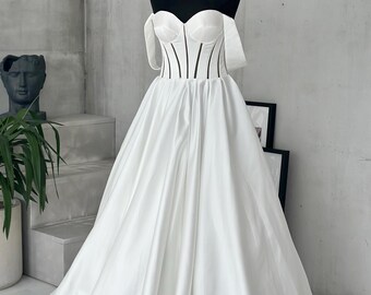 READY ship Elegant Off-Shoulder Corset Wedding Dress Satin Ball Gown Modern Structured Bodice Wedding Dress Romantic A-Line Wedding Dress