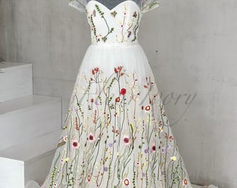 READY ship  Colorful Wedding Dress  Floral Wedding Dress Boho Wedding Dress Embroidered Wedding Dress Romantic Wedding Dress