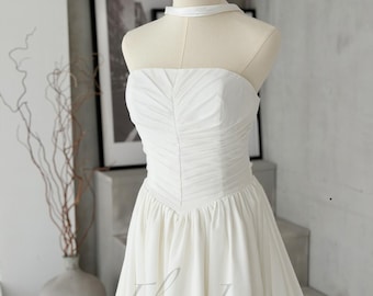 Modern Strapless Wedding Dress with High Slit, Ruched Pleated Corset Bridal Gown, Elegant Simple White Dress for Bride, Silk Chiffon Gown