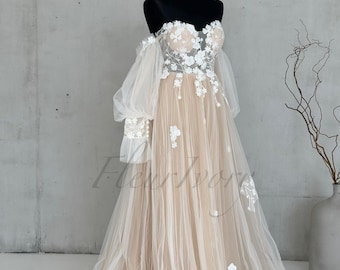 Boho Off-Shoulder Tulle Wedding Dress: Long Puffy Sleeves