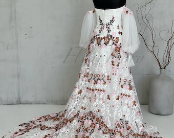 Colorful Floral Embroidered Mermaid Wedding Dress: Puffy Sleeve Boho Gown