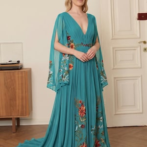 teal a line dress Evening Dresses Metallic Glitter Complete this seductive look Mac Duggal Beaded Satin Tina holly Train Style:Detachable 8ft Train