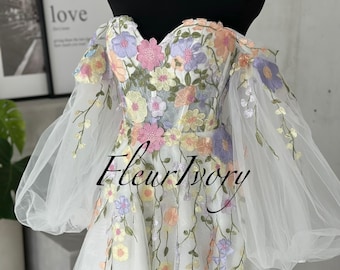 Colorful Floral Lace Wedding Dress: Off-Shoulder Ball Gown