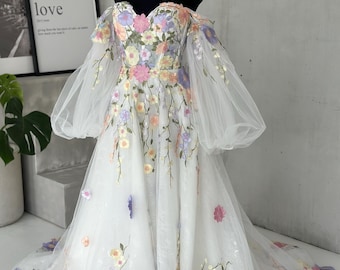 Colorful Wedding Dress Off Shoulder Wedding Dress Ball Gown Floral Dress Wedding Lace Dress With Colorful Flowers A Line Fairy Wedding Dress